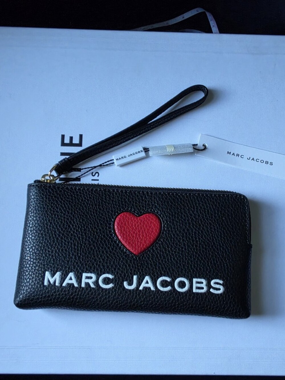 Marc Jacobs Black Pebbled Leather Wristlet with Red Heart Accent